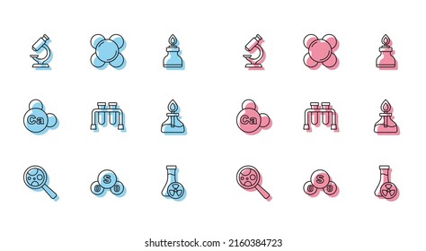 Set line Microorganisms under magnifier, Sulfur dioxide SO2, Microscope, Test tube with toxic liquid, Alcohol spirit burner, Mineral Ca Calcium and Molecule icon. Vector
