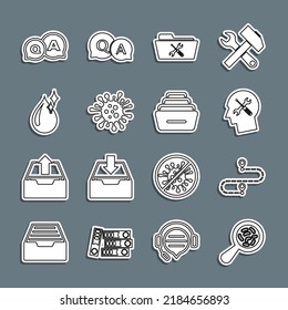 Set line Microorganisms under magnifier, Route location, Human head service, Folder, Bacteria, Clean water drop, Question and Answer and Drawer with documents icon. Vector