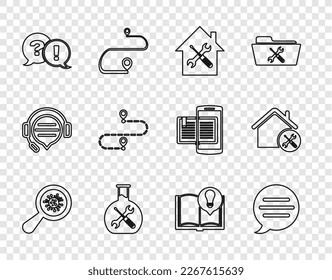 Set line Microorganisms under magnifier, Speech bubble chat, House service, Bioengineering, Question and Exclamation, Route location, Interesting facts and  icon. Vector