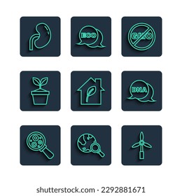 Set line Microorganisms under magnifier, Magnifying glass with globe, Wind turbine, No GMO, Eco friendly house, Plant pot, Human kidney and DNA symbol icon. Vector