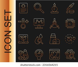 Set line Microorganisms under magnifier, Atom, Processor CPU, Force of physic formula, Genetic engineering, Thermometer, Patient record and Drawing compass icon. Vector