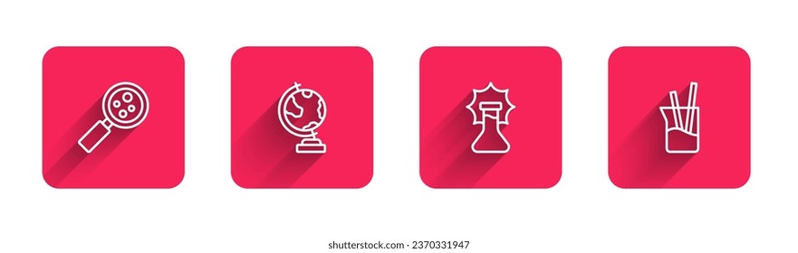 Set line Microorganisms under magnifier, Earth globe, Explosion in the flask and Laboratory glassware with long shadow. Red square button. Vector