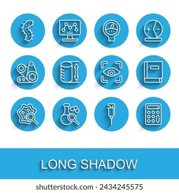 Set line Microorganisms under magnifier, Test tube, Virus, Syringe, Calculator, Height geometrical figure, Science book and Eye scan icon. Vector