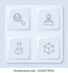 Set line Microorganisms under magnifier, Alcohol spirit burner, Test tube and Molecule. White square button. Vector