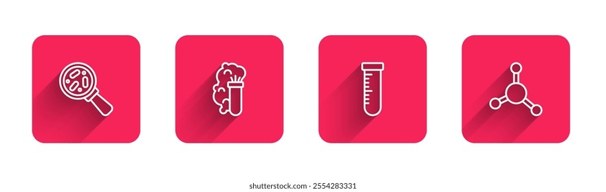 Set line Microorganisms under magnifier, Chemical explosion, Test tube and flask and Molecule with long shadow. Red square button. Vector