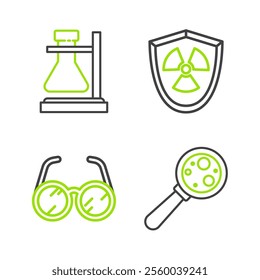 Set line Microorganisms under magnifier, Laboratory glasses, Radioactive in shield and Test tube flask on stand icon. Vector