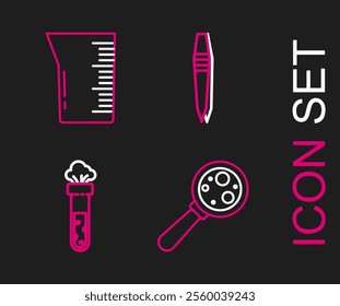 Set line Microorganisms under magnifier, Test tube and flask chemical, Tweezers and Laboratory glassware beaker icon. Vector