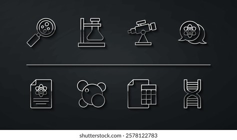 Set line Microorganisms under magnifier, Chemistry report, Atom, Calculator, Molecule, Test tube flask on stand, DNA symbol and Telescope icon. Vector