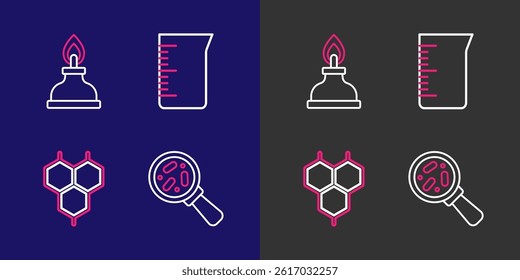 Set line Microorganisms under magnifier, Chemical formula, Laboratory glassware beaker and Alcohol spirit burner icon. Vector