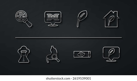 Set line Microorganisms under magnifier, Chemical explosion, Eco friendly house, Blood test and virus, Stomach with magnifying glass, DNA symbol, Location leaf and Leaf leaves icon. Vector