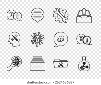 Set line Microorganisms under magnifier, Test tube with virus, Wrench and gear, Drawer documents, Question Exclamation, Bacteria, Folder service and  icon. Vector