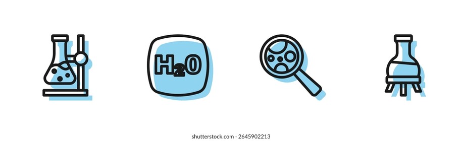 Colocar os micro-organismos sob a lupa, balão do tubo de ensaio no suporte, fórmula química H2O e ícone. Vetor