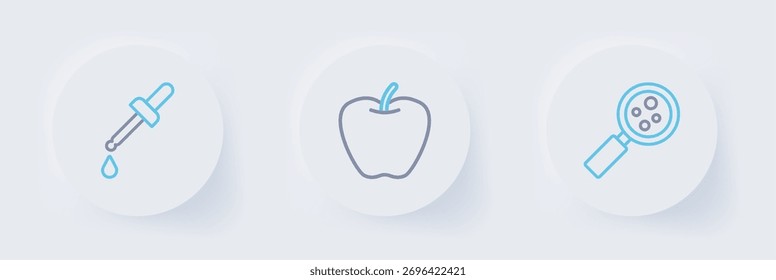 Coloque la línea Microorganismos bajo la lupa, el icono de Apple y Pipeta. Vector