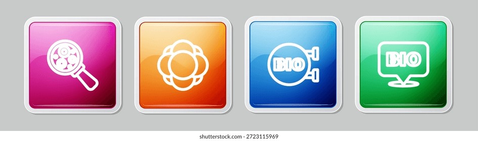 Set line Microorganisms under magnifier, Molecule, Bio healthy food and . Colorful square button. Vector