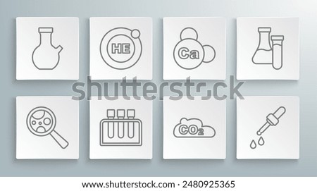Set line Microorganisms under magnifier, Helium, Test tube, CO2 emissions in cloud, Pipette, Mineral Ca Calcium,  and  icon. Vector