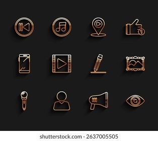 Set line Microphone, Add to friend, Rewind, Megaphone, Eye, Play Video, Picture landscape and Pencil with eraser icon. Vector