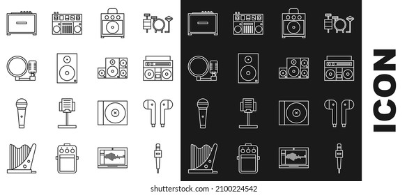 Set line Microphone, Air headphones, Home stereo with two speakers, Guitar amplifier, Stereo,  and  icon. Vector