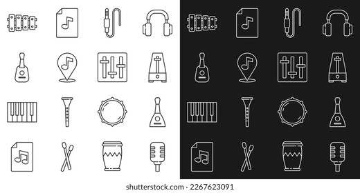 Set line Microphone, Balalaika, Metronome with pendulum, Audio jack, Location musical note, Guitar, Xylophone and Sound mixer controller icon. Vector