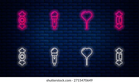 Set line Microphone, Balloon in form of heart, Candy and . Glowing neon icon on brick wall. Vector