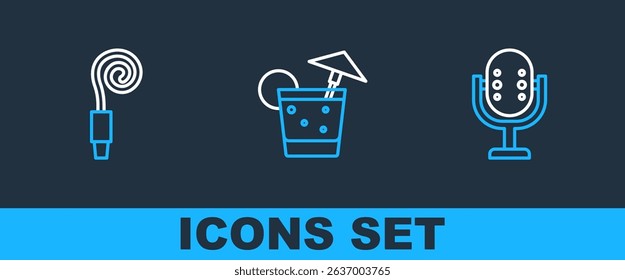 Set line Microphone, Birthday party horn and Cocktail icon. Vector