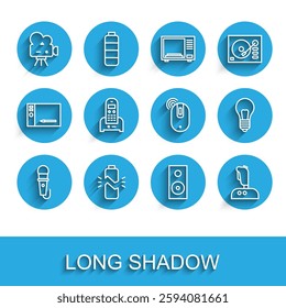 Set line Microphone, Broken battery, Retro cinema camera, Stereo speaker, Joystick for arcade machine, Telephone, Light bulb with concept of idea and Wireless computer mouse icon. Vector