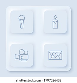 Set line Microphone, Burning candle, Cinema camera and Envelope with Valentine heart. White square button. Vector