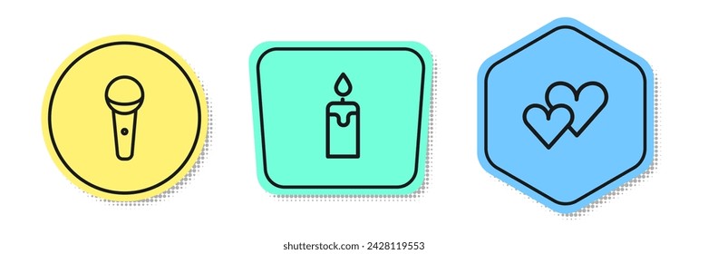 Set line Microphone, Burning candle and Heart. Colored shapes. Vector