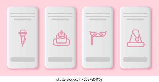 Set line Microphone, Cake, Festive mask and Christmas Santa Claus hat. White rectangle button. Vector