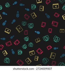 Video Establecer línea de micrófono, cámara y ubicación, juego en línea y la tarjeta SD en patrón transparente. Vector