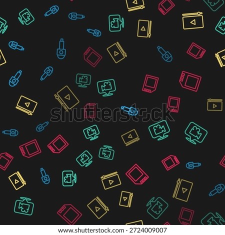 Set line Microphone, Camera and location, Online play video and SD card on seamless pattern. Vector