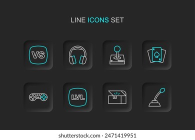 Set line Microphone, Chest for game, Level, Game controller joystick, Playing cards, Joystick arcade machine, Headphones and VS Versus battle icon. Vector