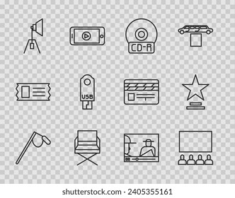 Set line Microphone, Cinema auditorium with screen, CD DVD disk, Director movie chair, Movie spotlight, USB flash drive, Online play video and trophy icon. Vector