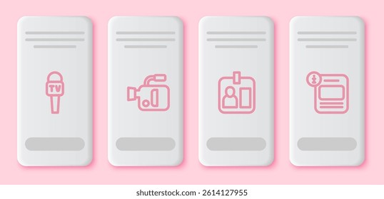 Set line Microphone, Cinema camera, Journalist id card and Information. White rectangle button. Vector
