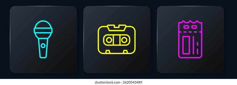 Set line Microphone, Cinema ticket and Retro audio cassette tape. Black square button. Vector