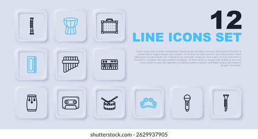 Set line Microphone, Clarinet, Pan flute, Tambourine, Harmonica, Retro audio cassette tape, African darbuka drum and Drum with sticks icon. Vector