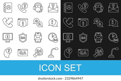Set-Line-Mikrofon, Uhr 24 Stunden, Information, Frau mit Headset, Überwachung FAQ-Informationen, Telefon-Support, Adressbuch und Frage- und Antwort-Symbol. Vektorgrafik