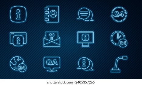 Set line Microphone, Clock 24 hours, Speech bubble chat, Envelope with question mark, Monitor FAQ information, Information,  and Address book icon. Vector