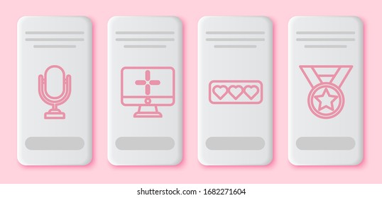 Set line Microphone, Computer monitor, Like and heart and Medal. White rectangle button. Vector