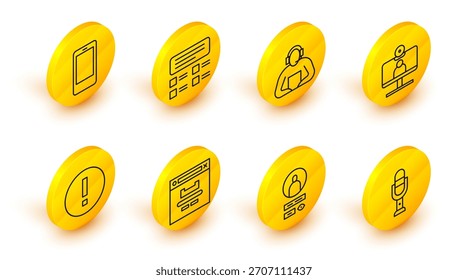 Micrófono de línea, pantalla de Cuenta Video de Create, ventana del navegador, información, conferencia de chat, estudiante, cuestionario en línea, prueba, Encuesta e ícono móvil. Vector
