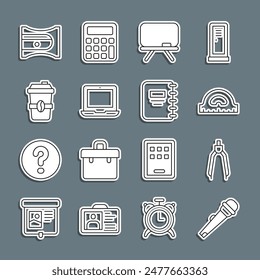 Set line Microphone, Drawing compass, Protractor grid, Chalkboard, Laptop, Coffee cup go, Pencil sharpener and Notebook icon. Vector