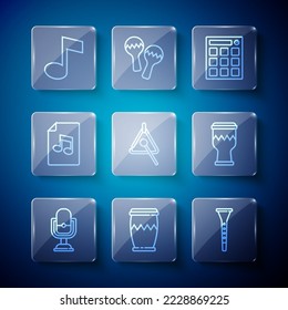Set line Microphone, Drum, Clarinet, machine, Triangle, Music book with note, note, tone and  icon. Vector