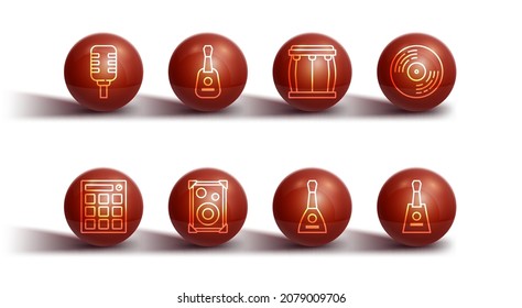 Set line Microphone, Drum machine, Vinyl disk, Balalaika, Stereo speaker, Guitar,  and  icon. Vector