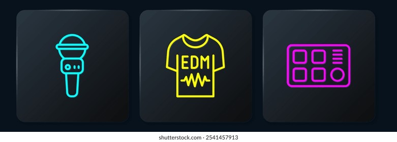 Set line Microphone, Drum machine and T-shirt. Black square button. Vector