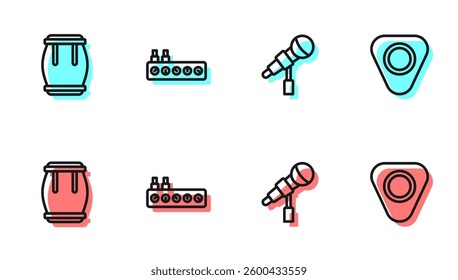 Set line Microphone, Drum, Sound mixer controller and Guitar pick icon. Vector