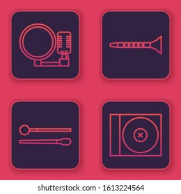 Set line Microphone, Drum sticks, Clarinet and CD or DVD disk. Blue square button. Vector