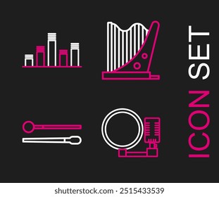 Set line Microphone, Drum sticks, Harp and Music equalizer icon. Vector