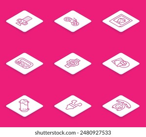 Set line Microphone, Gamepad, Photo, Pager, Wrist watch, Vinyl disk, Skateboard trick and Swimsuit icon. Vector