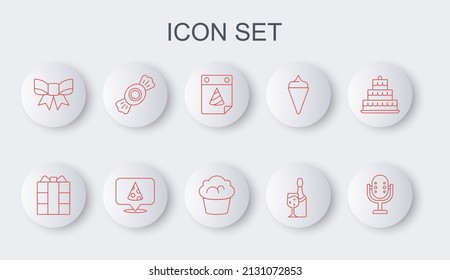 Set line Microphone, Gift box, Calendar party, Champagne bottle, bow, Candy, Slice of pizza and Muffin icon. Vector