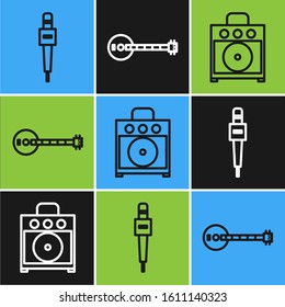 Set line Microphone, Guitar amplifier and Banjo icon. Vector