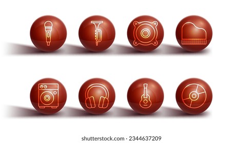 Set line Microphone, Guitar amplifier, Grand piano, Headphones, Trumpet, Vinyl disk and Stereo speaker icon. Vector